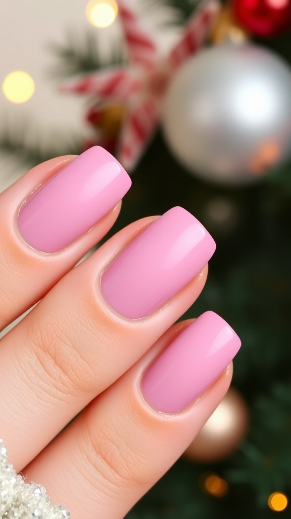 Elegant Pink Christmas Nail Art Without French Tips Close-up of pink Christmas nails with glitter accents, showcasing a modern nail art design.